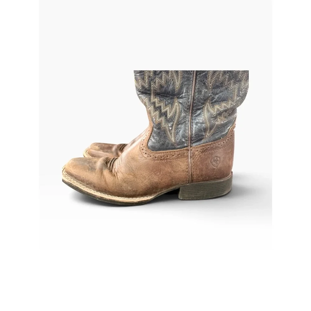 Ariat Kids Brown Blue Leather Square Toe Western Cowboy Boots READ